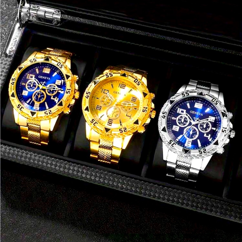 Geneva Gold and Silver Watch Trio with Blue Dials